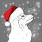 The christmas poster with the image husky portrait in Santa`s hat. Hand draw vector illustration.