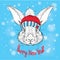 The christmas poster with the image rabbit portrait in winter hat. Vector illustration.