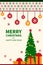 Christmas poster with stylized gifts, balls and fir trees. Greeting New Year cards flat graphic design. Place for text