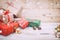 Christmas present gifts box and snow on wooden background