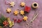 Christmas presents and cookies star on a rustic purple background. Top view,flat lay.