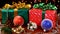 Christmas presents, decoration toys and beads, cam