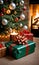 Christmas Presents Under A Tree, The Wrapping Paper Glistening In The Firelight. Generative AI