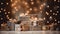 christmas presents on a wooden floor with bokeh lights