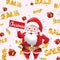 Christmas promo with Santa Claus and sale text falling around. gift flying