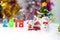 Christmas props decorations on christmas snow field background w
