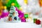 Christmas props decorations on snow field background w