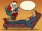 A christmas psychotherapy session. The psychotherapist santa claus sees a businessman man, the patient is lying on the