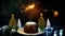 Christmas pudding, English style holiday dessert, with festive sparkler