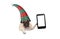Christmas pug puppy dog with red and green elf hat holding up blank tablet or mobile phone, hanging on white banner