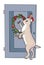 Christmas rabbit nails a wreath to the door
