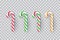 Christmas realistic striped stick candy isolated on transparent background. Vector 3d sweet gift illustration
