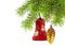 Christmas red bell and golden cone on new year tree