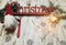 Christmas red logo letters on a wood old wood background