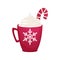 Christmas red mug with snowflake. Cocoa with whipped cream and Lollipop. Flat vector illustration