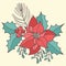 Christmas red poinsettia flower with xmas omela. Vector vintage hand drawn colors line art illustration