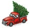Christmas red retro pick-up truck with green pine tree. Happy holidays vector illustration