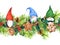 Christmas repeated border stripe with scandinavian gnomes, gingerbreaad cookies, pine branches , mistletoe. Holiday
