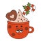 Christmas retro red cup cocoa with gingerbread and caramel stick. 60 -70s vibes groovy character. Merry Christmas and