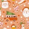 Christmas retro seamless pattern with groovy smile face, candy cane, ice skates, hippie van and decorative elements.