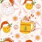 Christmas retro seamless pattern with groovy smile face, cup of cacao drink, Santa Claus and decorative elements.
