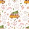 Christmas retro seamless pattern with groovy truck, Santa Claus hat, spruce and decorative peace symbols.