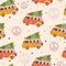 Christmas retro seamless pattern with groovy truck, spruce and decorative peace symbols.