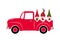 Christmas retro truck. Vintage pickup with gnomes. Vector template for winter holidays greeting card, banner, poster