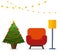 Christmas room interior in colorful cartoon flat style. Christmas tree, decoration, armchair, floor lamp.