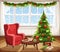 Christmas room interior. Vector illustration.