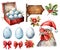 Christmas rooster head in red Santa hat, eggs, rustic sign, winter floral and bows isolated on white background. Winter farm