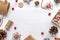 Christmas rustic composition on white wooden background with copy space