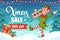 Christmas sale. Advertising banner. Dancing christmas elf with audio recorder