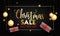 Christmas Sale banner or poster design with 50% discount offer, hanging baubles and gift boxes.