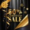 Christmas sale banner poster design with 50% in golden color on black crumple cloth background with copy space. EPS10 Vector