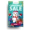 Christmas sale, blue vertical discount banner with purple button and snowman in Santa Claus hat with gifts.