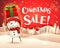 Christmas Sale! Cheerful snowman holds up gift present in Christmas snow scene winter landscape.