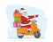 Christmas Sale Concept. Santa Claus Riding Scooter with Gifts on Trunk Pointing Forward on Snowy Landscape, Advertising