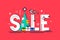 Christmas sale design template. Xmas sale composition with balls, snowflakes and Christmas tree for print or web. Vector