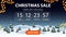 Christmas sale, discount banner with cartoon winter forest, starry sky, timer with reverse report and button