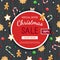 Christmas sale flyer template. Poster, card, label, background, banner on circle frame with sweets on a wooden black table.