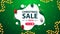 Christmas sale, green and white discount banner in liquid abstract shape with balloons, candy canes, garland and button