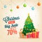 Christmas sale in July, poster, or banner template, with christmas tree and gift boxes. wth date and offers details.