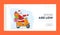 Christmas Sale Landing Page Template. Santa Claus Riding Scooter with Gifts Pointing Forward. Advertising Congratulation