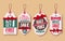 Christmas sale price tags vector set with red ribbons and discount promotions hanging