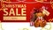 Christmas sale, red discount banner with garlands, button and present with Teddy bear near the wall