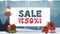 Christmas sale, up to 50% off, discount banner with white paper sheet with offer, pole lantern, presents and blue winter landscape