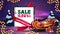 Christmas sale, up to 50% off, discount banner with winter landscape, white paper sheet with ribbon and Santa Sleigh with presents