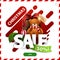 Christmas sale, up to 50% off, red and green discount pop up with abstract liquid shapes large volumetric letters, ribbon, button