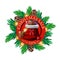 Christmas sale, up to 50% off, round discount banner with Christmas treee branches and Santa Claus bag with presents
